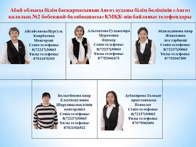 Абай облысы білім басқармасының Аягөз ауданы білім бөлімінің "Аягөз қалалық №2 бөбекжай-балабақшасы" КМҚК-нің байланыс телефоны