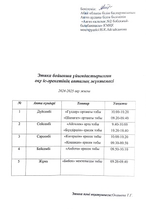 Этика бойынша ұйымдастырылған оқу іс-әрекетінің апталық жүктемесі