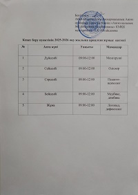 Кеңес беру пунктінің жұмыс кестесі 2025-2026 оқу жылы.